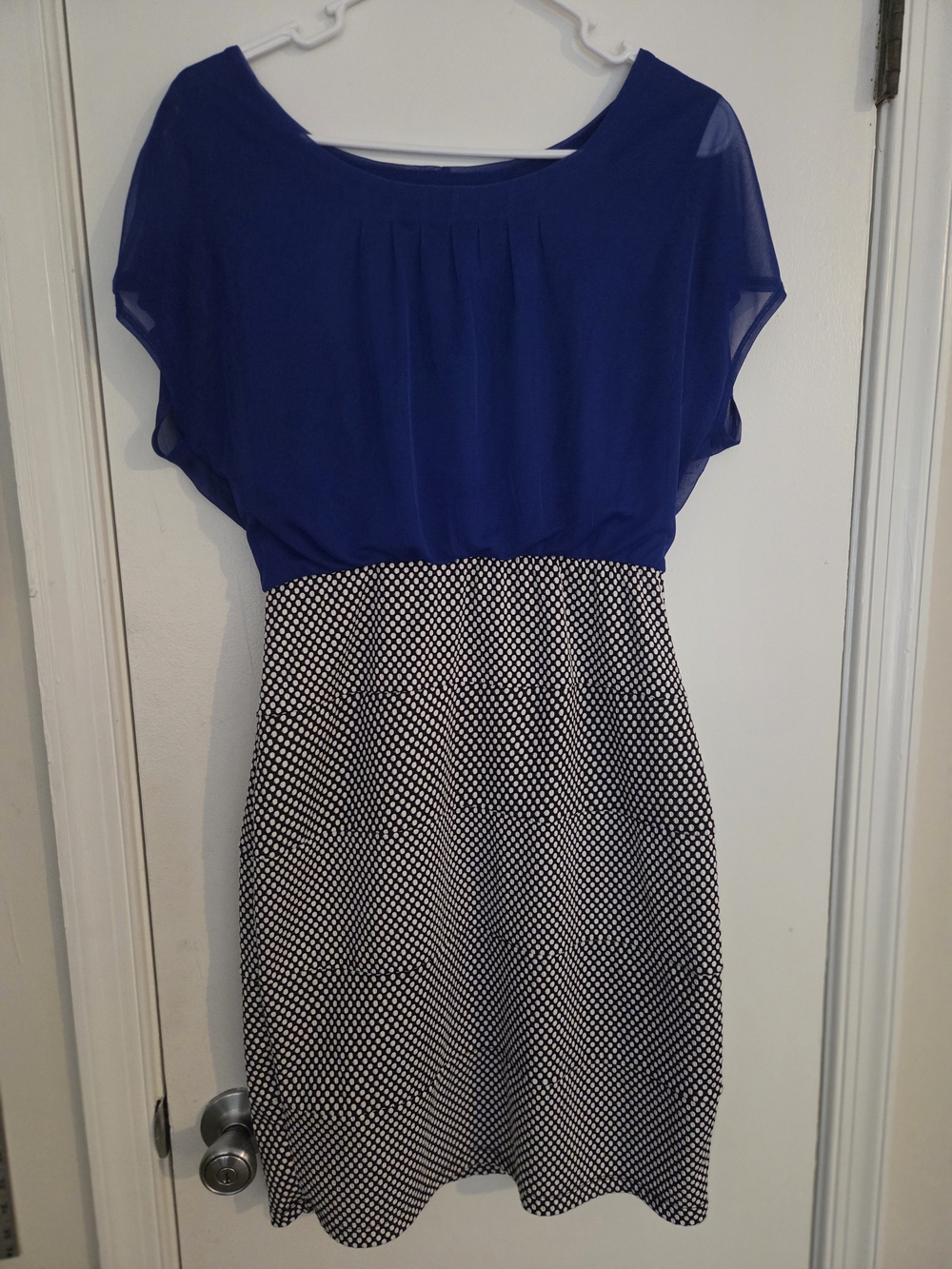 Enfocus Studio Blue Chiffon Black Polka Dot Color Block Sheath Dress Size 10